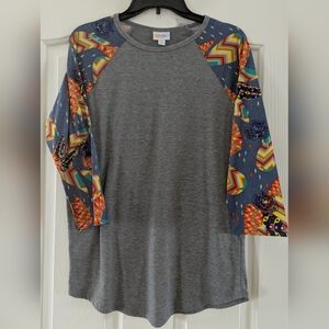 LuLaRoe Randy Gray 3/4 Sleeve Tee with Multicolor Pattern
